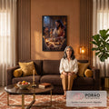 Quadro Decorativo Grande Última Ceia para Sala Marrom | quadros decorativos para sala de estar | Jesus ergue cálice prateado e parte pão à luz de velas com apóstolos ao redor | em ambiente 3 | Porao dos Quadros