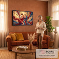 Jesus e Nossa Senhora com corações em chamas entre véus vermelhos, azuis e dourados, quadro decorativo
