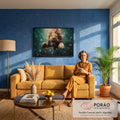 Quadro Decorativo Grande Leão Nadando Verde para Sala | quadros decorativos para sala de estar | leão rugindo nadando debaixo d'água cercado de bolhas, folhas e peixes laranja | em ambiente 3 | Porao dos Quadros