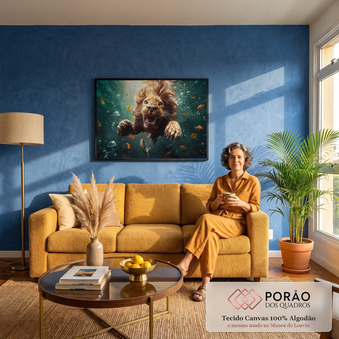 Quadro Decorativo Grande Leão Nadando Verde para Sala | quadros decorativos para sala de estar | leão rugindo nadando debaixo d'água cercado de bolhas, folhas e peixes laranja | em ambiente 3 | Porao dos Quadros