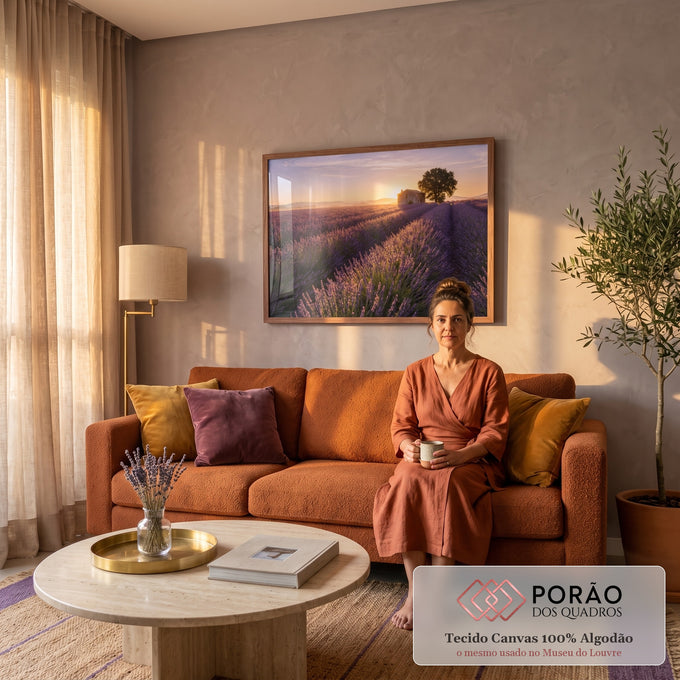 Quadro Decorativo Grande Paisagem Campo de Lavanda para Sala | quadros decorativos para sala de estar | campo de lavanda roxo com casa de pedra e árvore ao nascer do sol | em ambiente 3 | Porao dos Quadros