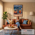 Casa de praia rústica azul e laranja com porta de coração e gato sentado na areia, quadro decorativo