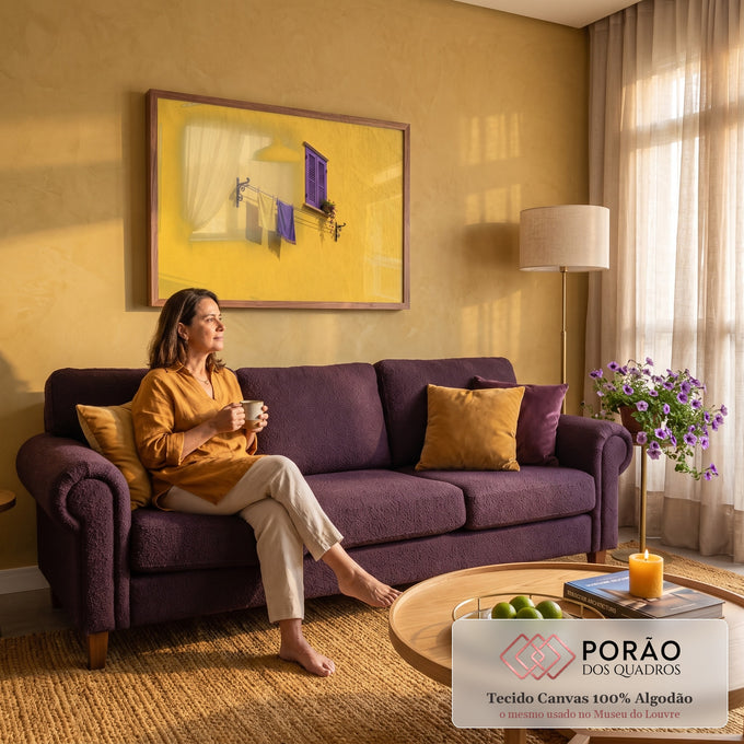 Parede amarela com janela de venezianas roxas, flores e varal com toalhas amarela e roxa, quadro decorativo