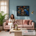 Rosto de leão entre flores azuis, peixes betta e arara-azul em arte digital, quadro decorativo