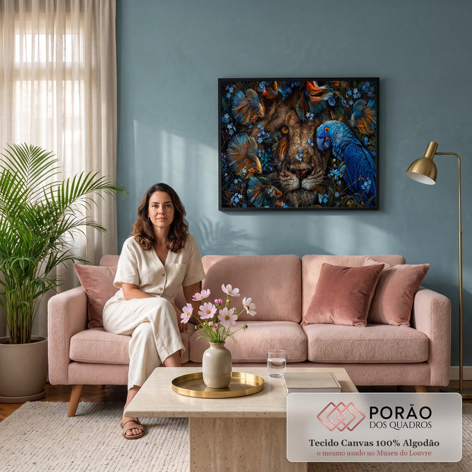 Rosto de leão entre flores azuis, peixes betta e arara-azul em arte digital, quadro decorativo