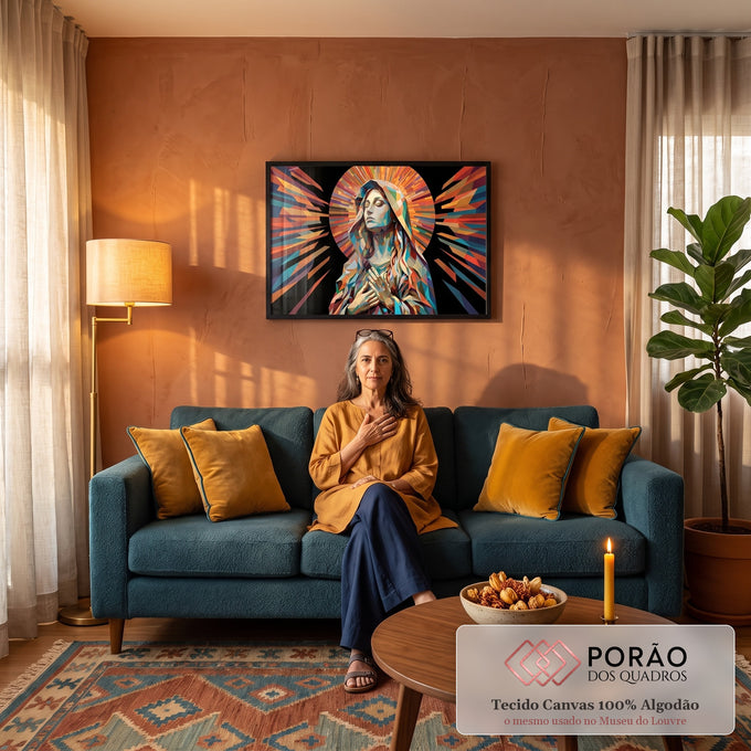 Quadro Decorativo Grande Nossa Senhora Laranja para Sala | quadros decorativos para sala de estar | figura feminina em prece com véu e halo de raios coloridos em estilo poligonal | em ambiente 3 | Porao dos Quadros