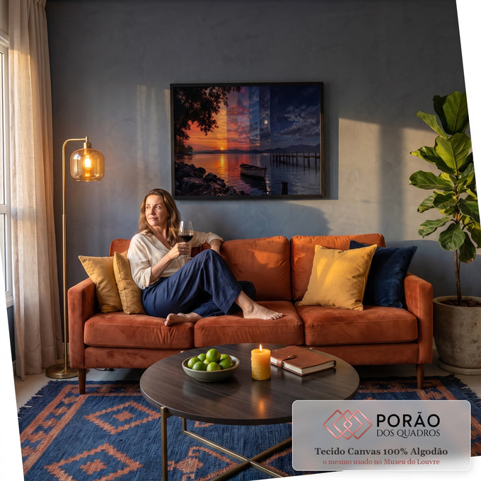 Quadro Decorativo Grande Passagem do Dia para Sala Laranja | quadros decorativos para sala de estar | lago com barco e píer mostrando transição do pôr do sol à noite estrelada | em ambiente 3 | Porao dos Quadros