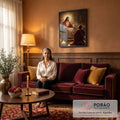 Quadro Decorativo Grande Jesus Cristo Auréola para Sala | quadros decorativos para sala de estar | Jesus Cristo sentado com auréola dourada abençoando homem ajoelhado em oração | em ambiente 3 | Porao dos Quadros