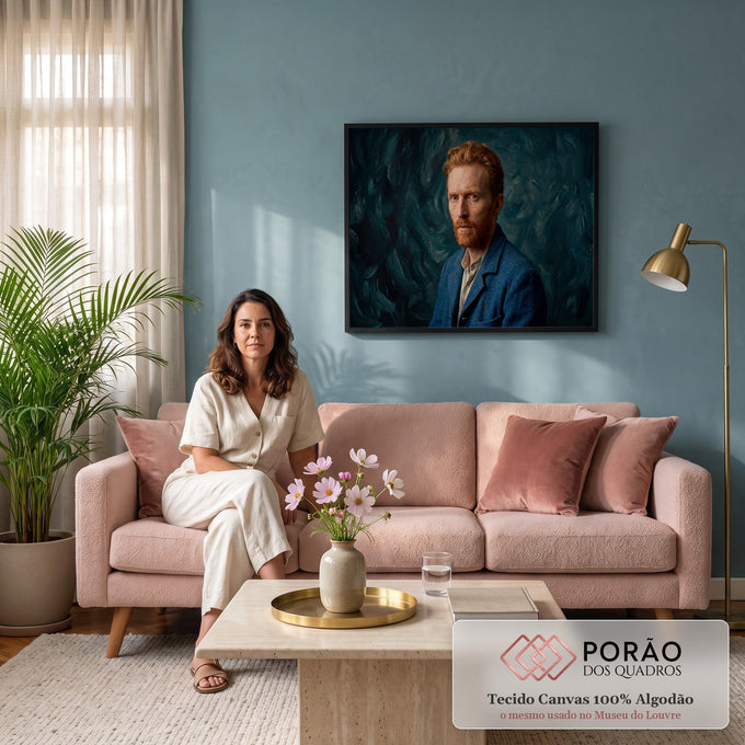 Quadro Decorativo Grande Retrato de Homem para Sala Azul | quadros decorativos para sala de estar | retrato de homem ruivo de barba contra fundo azul com pinceladas sinuosas | em ambiente 3 | Porao dos Quadros