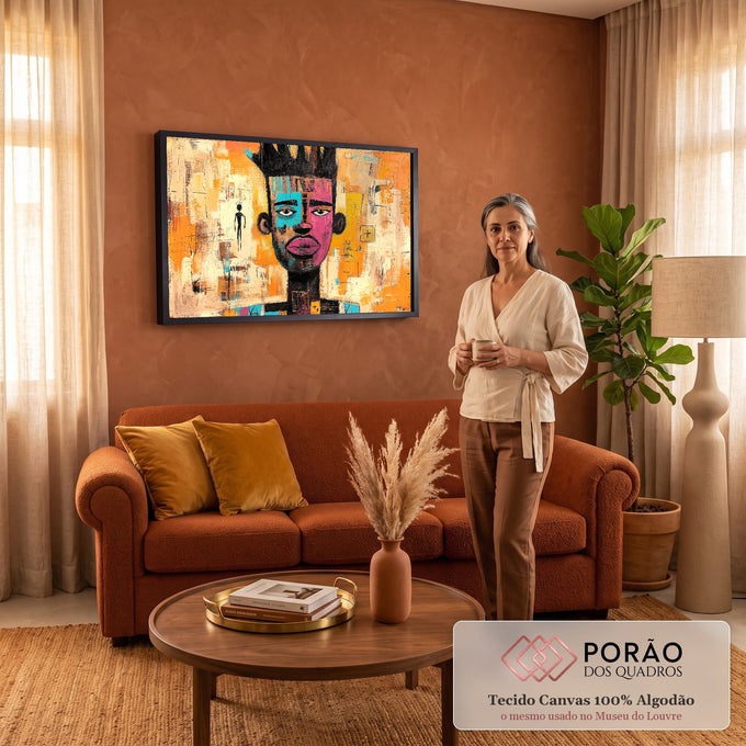 Quadro Decorativo Grande Rosto Dividido para Sala Laranja | quadros decorativos para sala de estar | rosto estilizado dividido em azul e rosa com fundo laranja texturizado | em ambiente 3 | Porao dos Quadros