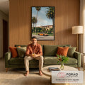Porsche conversível dourado estacionado diante de mansão mediterrânea entre palmeiras, quadro decorativo