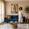 Quadro Decorativo Grande Jesus Cristo Mosaico para Sala | quadros decorativos para sala de estar | Jesus Cristo em oração com manto azul e vermelho sobre fundo em mosaico dourado | em ambiente 3 | Porao dos Quadros