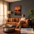Pôr do sol laranja refletido em lago com pinheiros, raízes e vitórias-régias, quadro decorativo