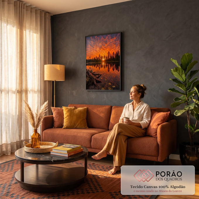 Pôr do sol laranja refletido em lago com pinheiros, raízes e vitórias-régias, quadro decorativo
