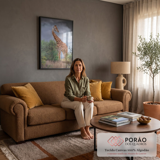 Girafa entre arbustos verdes na savana com céu nublado de tempestade ao fundo, quadro decorativo