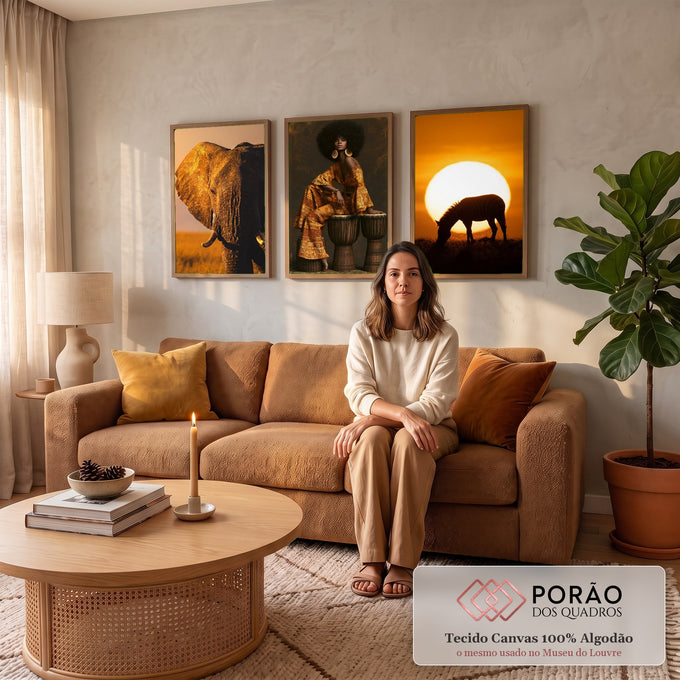 Quadro Decorativo Kit 3 Telas Africano Elefante para Sala | quadros decorativos para sala de estar | elefante, mulher com afro sobre tambores e zebra ao pôr do sol em tons alaranjados | em ambiente 3 | Porao dos Quadros