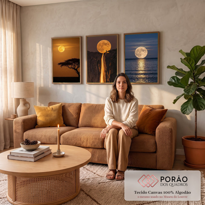 Quadro Decorativo Kit 3 Telas Três Fases para Sala Laranja | quadros decorativos para sala de estar | três cenas da lua cheia sobre savana, penhasco com cachoeira e mar ao entardecer | em ambiente 3 | Porao dos Quadros