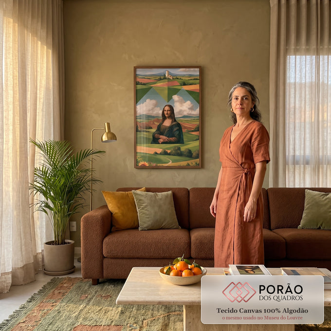 Quadro Decorativo Mona Lisa em Paisagem Toscana Geométrica | quadros decorativos para sala de estar | retrato da Mona Lisa sobre paisagem toscana com formas geométricas e colinas coloridas | em ambiente 3 | Porao dos Quadros