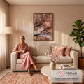 Quadro Decorativo Flores de Cerejeira em Pinceladas Rosa | quadros decorativos para sala de estar | flores de cerejeira rosa e branco cobrindo galhos escuros com céu azul ao fundo | em ambiente 3 | Porao dos Quadros