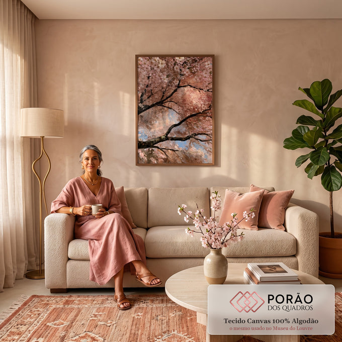 Quadro Decorativo Flores de Cerejeira em Pinceladas Rosa | quadros decorativos para sala de estar | flores de cerejeira rosa e branco cobrindo galhos escuros com céu azul ao fundo | em ambiente 3 | Porao dos Quadros