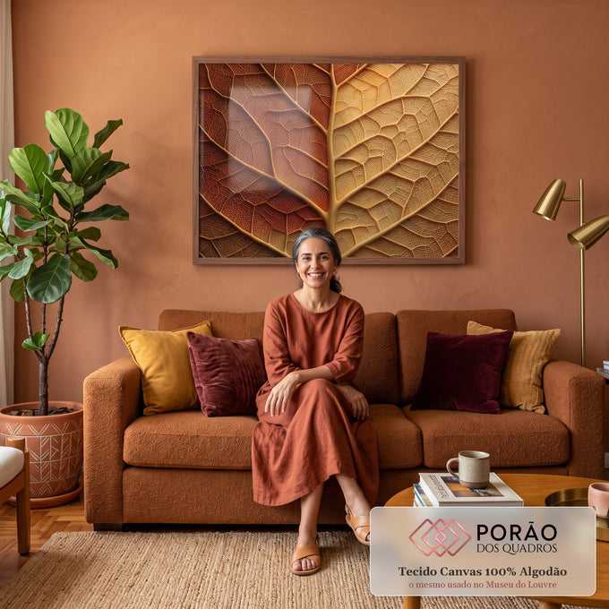 Quadro Decorativo Grande Nervuras de Folha para Sala | quadros decorativos para sala de estar | close extremo de folha com nervuras em vermelho, marrom e dourado | em ambiente 3 | Porao dos Quadros
