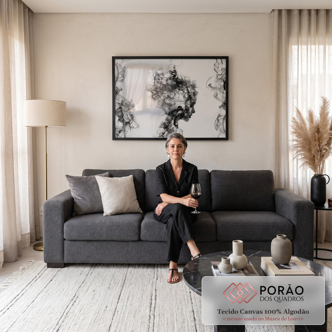 Quadro Decorativo Grande Rosto de Fumaça para Sala Preto | quadros decorativos para sala de estar | perfil de rosto formado por fumaça preta sobre fundo branco | em ambiente 3 | Porao dos Quadros