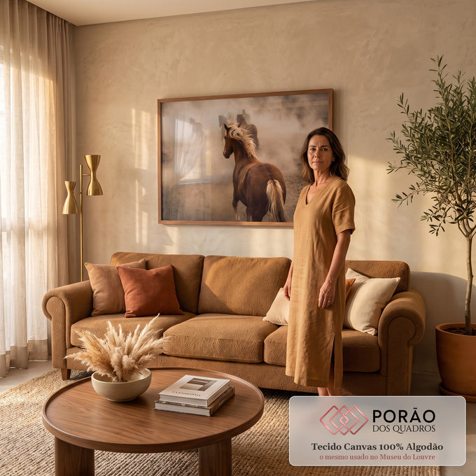 Cavalo alazão de crina loira, de costas, seguindo a manada no meio da poeira, quadro decorativo