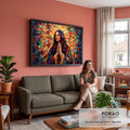 Nossa Senhora em oração com mãos unidas e auréola em mosaico colorido estilo vitral, quadro decorativo