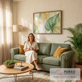 Quadro Decorativo Grande Folhas Tropicais Verde para Sala | quadros decorativos para sala de estar | folhas tropicais translúcidas em aquarela verde e dourado com nervuras marcadas | em ambiente 3 | Porao dos Quadros
