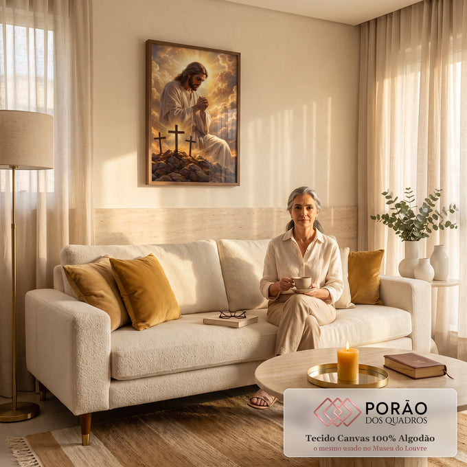 Quadro Decorativo Grande Jesus Orando Três Cruzes para Sala | quadros decorativos para sala de estar | Jesus ajoelhado orando diante de três cruzes sob céu dourado | em ambiente 3 | Porao dos Quadros