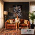 Quadro Decorativo Grande Tigre Olhar Fixo para Sala Laranja | quadros decorativos para sala de estar | tigre em close com olhar fixo, bigodes brancos e fundo preto | em ambiente 3 | Porao dos Quadros