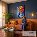Quadro Decorativo Grande Árvore Seca Silhueta para Sala Azul | quadros decorativos para sala de estar | árvore seca em silhueta contra céu dividido entre azul e pôr do sol laranja | em ambiente 3 | Porao dos Quadros