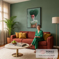 Boneca surreal de cabelo verde em forma de coração e máscara de corações vermelhos, quadro decorativo
