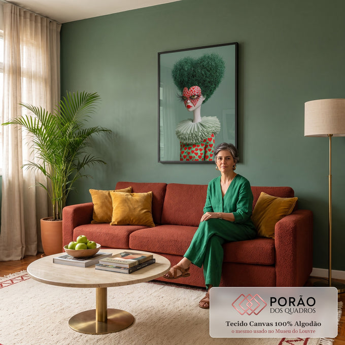 Boneca surreal de cabelo verde em forma de coração e máscara de corações vermelhos, quadro decorativo