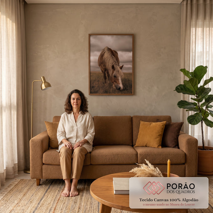 Quadro Decorativo Grande Cavalo Pastando para Sala Marrom | quadros decorativos | cavalo castanho com crina clara pastando em campo sob céu nublado rosado | em ambiente 2 | Porao dos Quadros