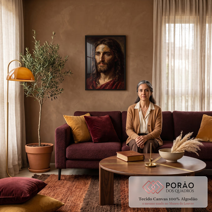 Quadro Decorativo Grande Retrato de Jesus para Sala Marrom | quadros decorativos | retrato de Jesus Cristo com manto vermelho e olhar sereno em óleo clássico | em ambiente 2 | Porao dos Quadros