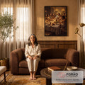Quadro Decorativo Grande Santa Ceia Jesus para Sala Marrom | quadros decorativos para sala de estar | Jesus e apóstolos reunidos à mesa em cena da Santa Ceia com velas acesas | em ambiente 3 | Porao dos Quadros