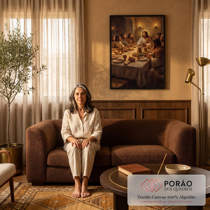 Quadro Decorativo Grande Santa Ceia Jesus para Sala Marrom | quadros decorativos para sala de estar | Jesus e apóstolos reunidos à mesa em cena da Santa Ceia com velas acesas | em ambiente 3 | Porao dos Quadros