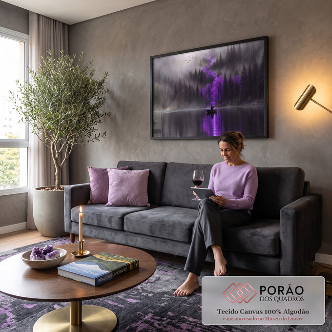 Quadro Decorativo Grande Floresta Enevoada para Sala Roxo | quadros decorativos para sala de estar | floresta enevoada com árvores roxas, lago refletindo e pessoa de guarda-chuva em barco | em ambiente 3 | Porao dos Quadros
