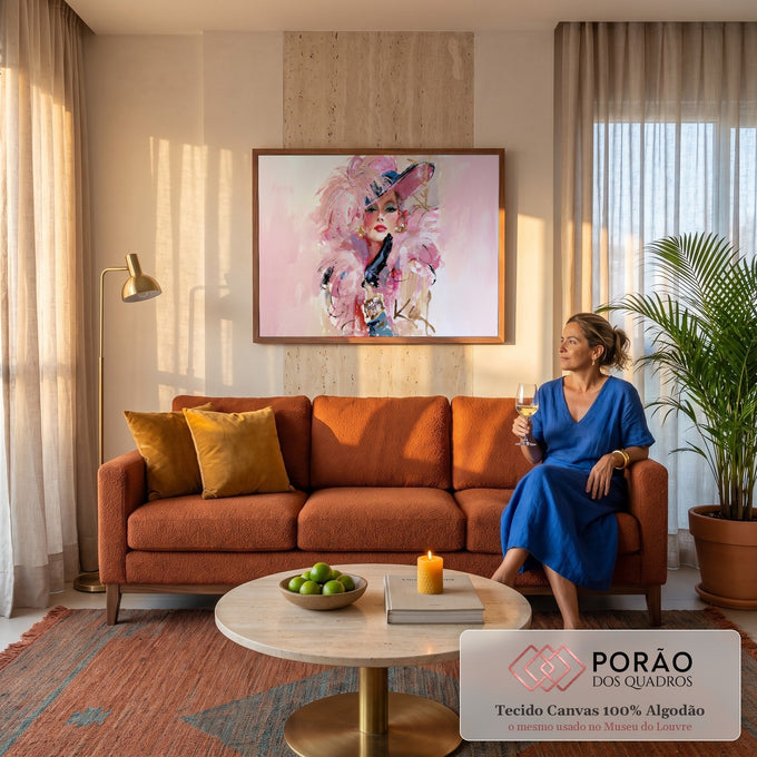 Quadro Decorativo Grande Mulher Elegante para Quarto Rosa | quadros decorativos para sala de estar | mulher elegante com chapéu e penas rosa, luva preta no queixo | em ambiente 3 | Porao dos Quadros