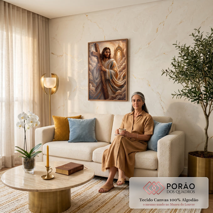 Quadro Decorativo Grande Jesus Cristo Cruz para Sala Dourado | quadros decorativos para sala de estar | Jesus Cristo segurando cruz de madeira entalhada em cenário celestial dourado | em ambiente 3 | Porao dos Quadros