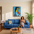 Quadro Decorativo Grande Mulher Pop Art Azul para Sala | quadros decorativos para sala de estar | mulher estilizada com olho grande e flor laranja em fundo azul estilo pop art | em ambiente 3 | Porao dos Quadros