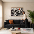 Quadro Decorativo Grande Colagem Urbana para Sala Preto | quadros decorativos para sala de estar | colagem preto e branco com prédios, palmeiras, carros antigos e bustos clássicos | em ambiente 3 | Porao dos Quadros