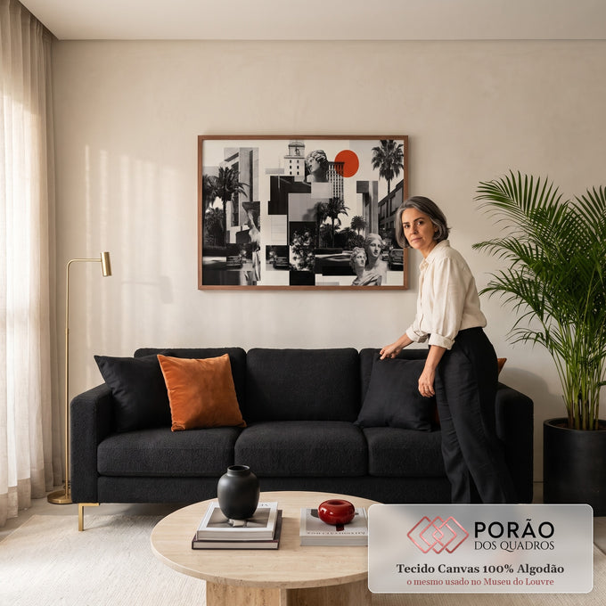 Quadro Decorativo Grande Colagem Urbana para Sala Preto | quadros decorativos para sala de estar | colagem preto e branco com prédios, palmeiras, carros antigos e bustos clássicos | em ambiente 3 | Porao dos Quadros
