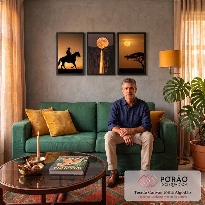 Quadro Decorativo Kit 3 Telas Lua Cheia para Sala Laranja | quadros decorativos para sala de estar | tríptico com cavaleiro, lua cheia sobre penhasco e savana africana em tons laranja | em ambiente 3 | Porao dos Quadros
