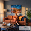 Quadro Decorativo Grande Paisagem de Outono para Sala Azul | quadros decorativos para sala de estar | paisagem de outono com rio, ponte de pedra e céu azul dramático ao entardecer | em ambiente 3 | Porao dos Quadros