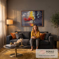 Quadro Decorativo Grande Árvore das Estações para Sala Cinza | quadros decorativos para sala de estar | árvore com galhos em vermelho dourado e cinza tempestuoso sobre água com cavalo branco | em ambiente 3 | Porao dos Quadros