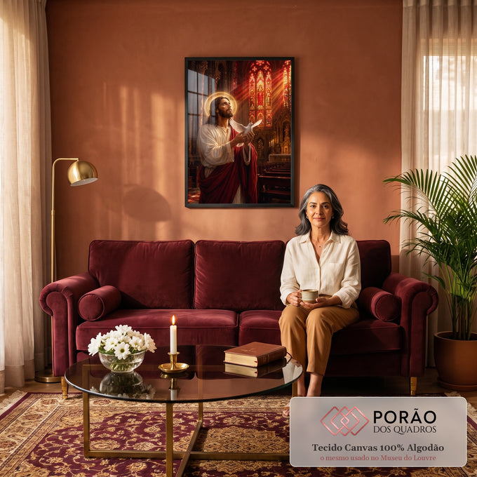 Quadro Decorativo Grande Jesus com Pomba para Sala Vermelho | quadros decorativos para sala de estar | Jesus com auréola segurando pomba branca diante de vitrais vermelhos de catedral | em ambiente 3 | Porao dos Quadros