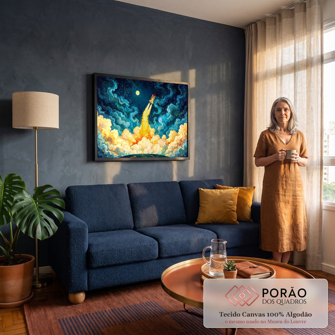 Foguete decolando rumo à lua em céu estrelado azul com redemoinhos e nuvens de fogo douradas, quadro decorativo