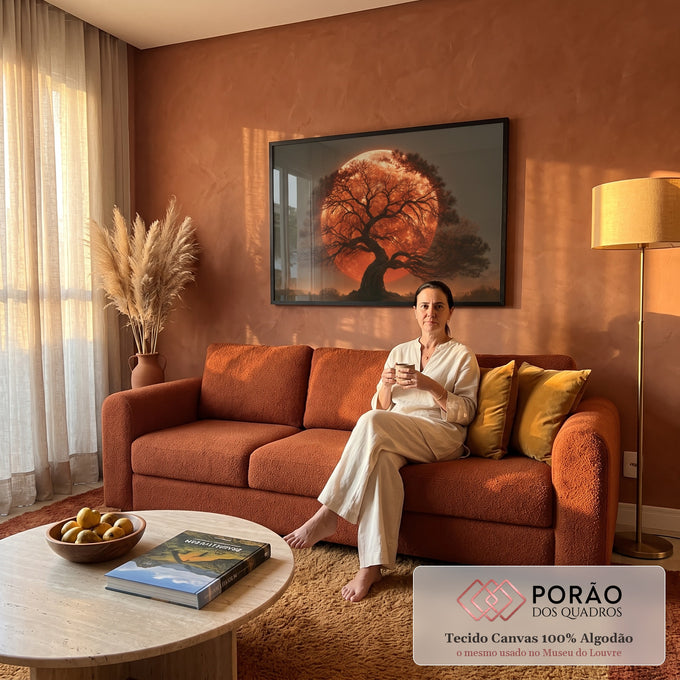 Quadro Decorativo Árvore Silhueta com Lua Vermelha Gigante | quadros decorativos para sala de estar | árvore em silhueta escura contra lua vermelha gigante ao entardecer | em ambiente 3 | Porao dos Quadros